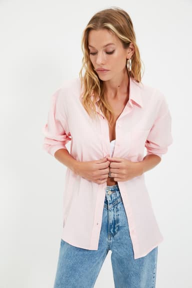Pembe Tek Cepli Boyfriend/Geniş Kalıp Pamuklu Dokuma Gömlek