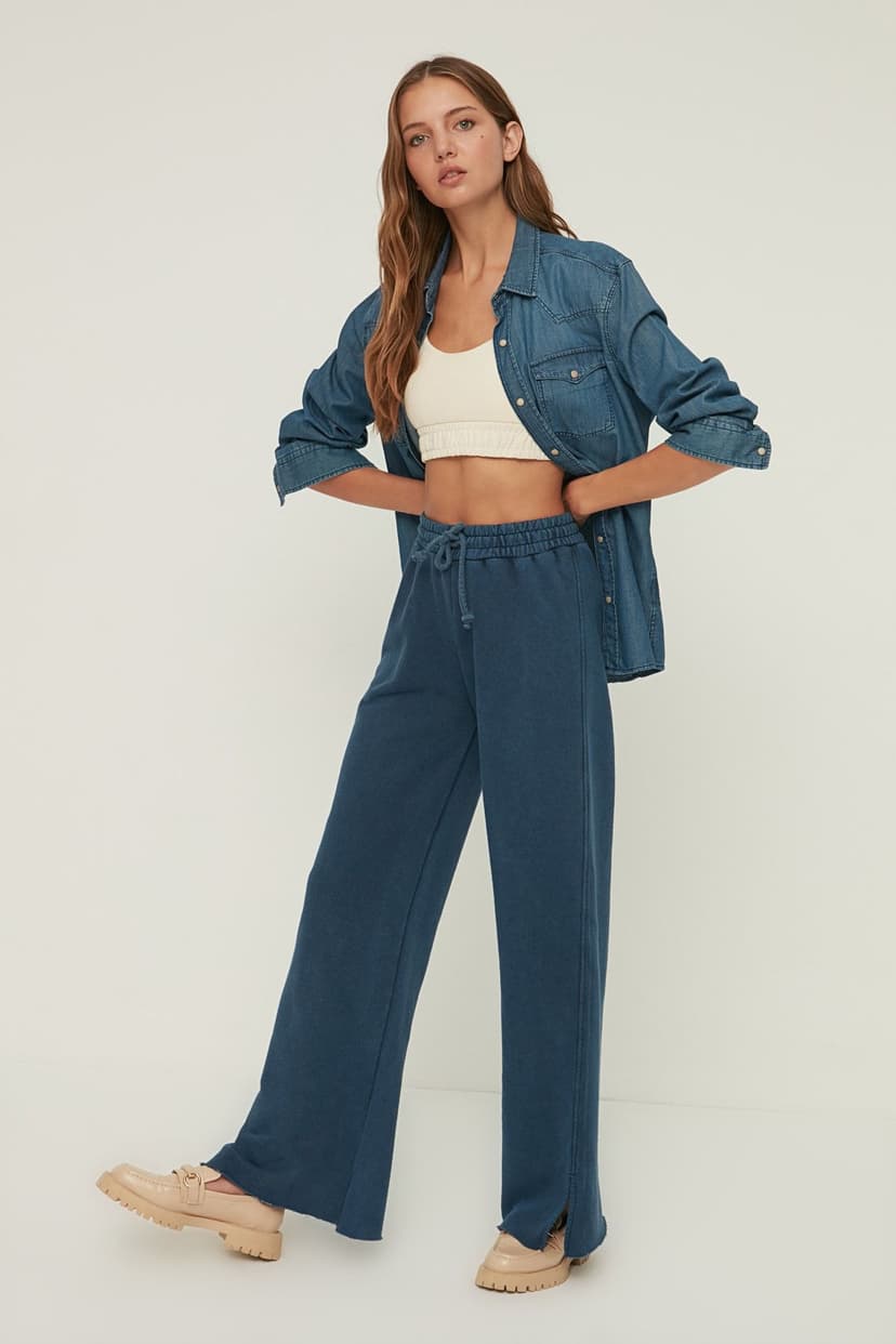 Product Indigo Soluk Efektli Wide Leg/Geniş Paça Normal Bel İnce Örme Eşofman Altı Pantolon