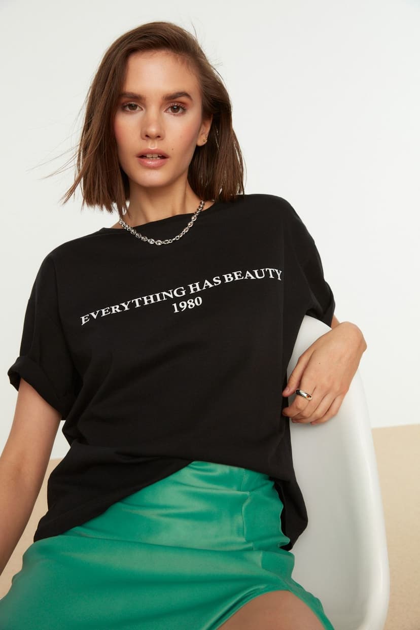 Product Siyah %100 Pamuk Slogan Baskılı Relaxed/Geniş Rahat Kesim Bisiklet Yaka Örme T-Shirt