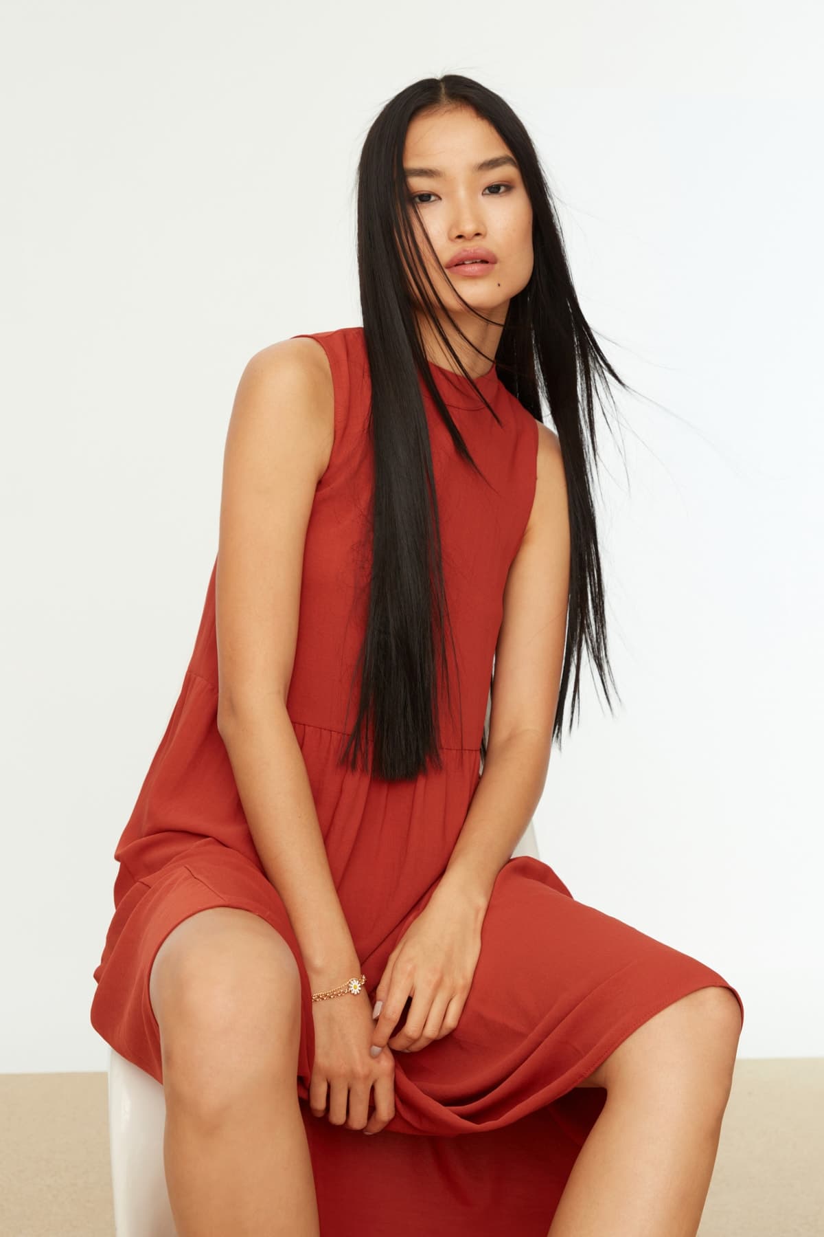 Trendyolmilla Kiremit Shift/Düz Kesim Dik Yaka Midi Dokuma Elbise TWOSS20EL1864