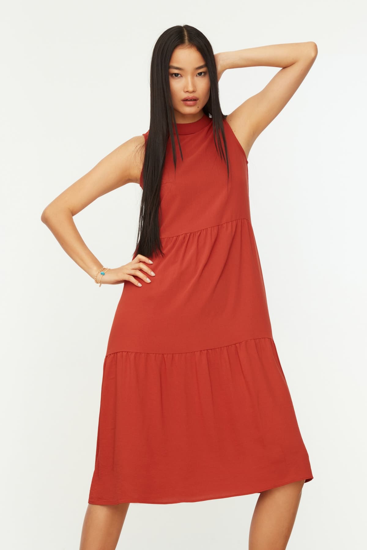 Trendyolmilla Kiremit Shift/Düz Kesim Dik Yaka Midi Dokuma Elbise TWOSS20EL1864