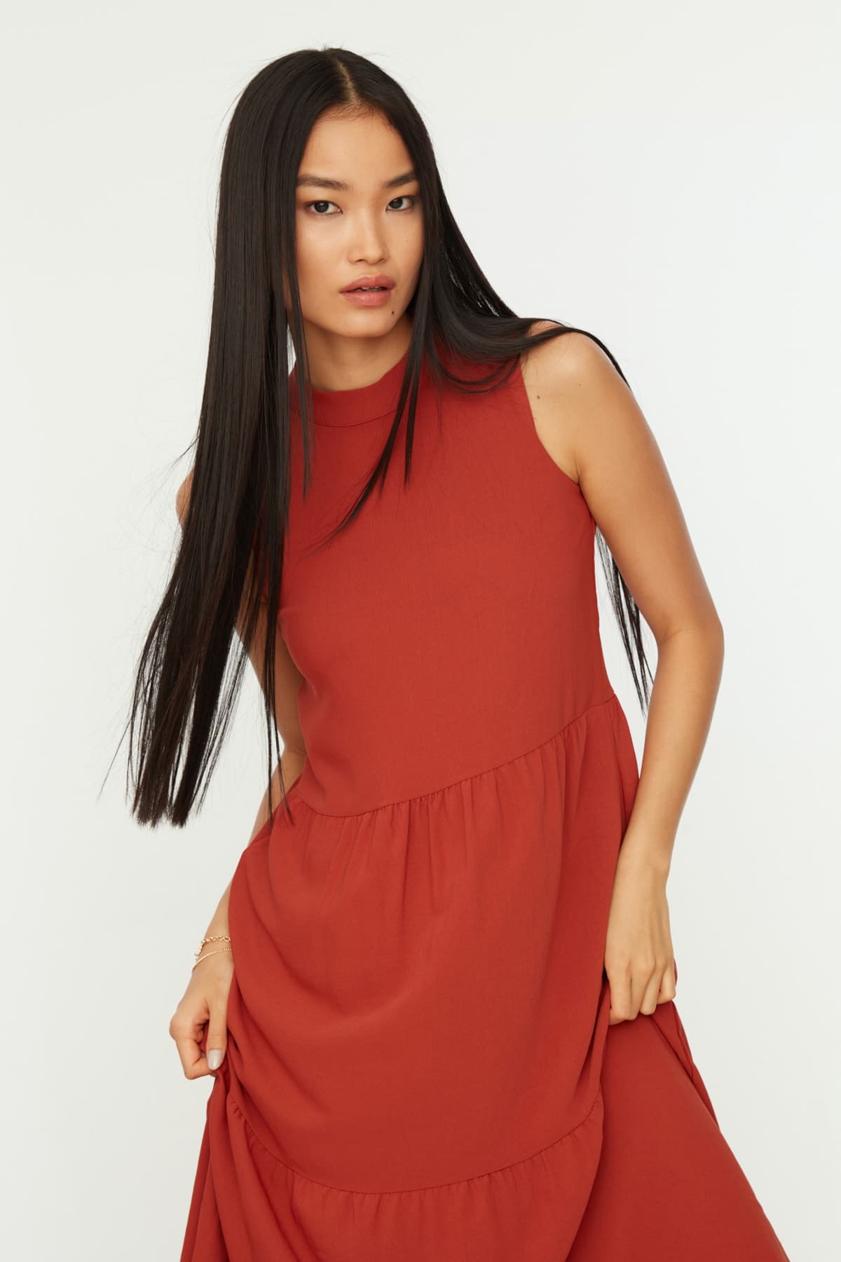 Trendyolmilla Kiremit Shift/Düz Kesim Dik Yaka Midi Dokuma Elbise TWOSS20EL1864