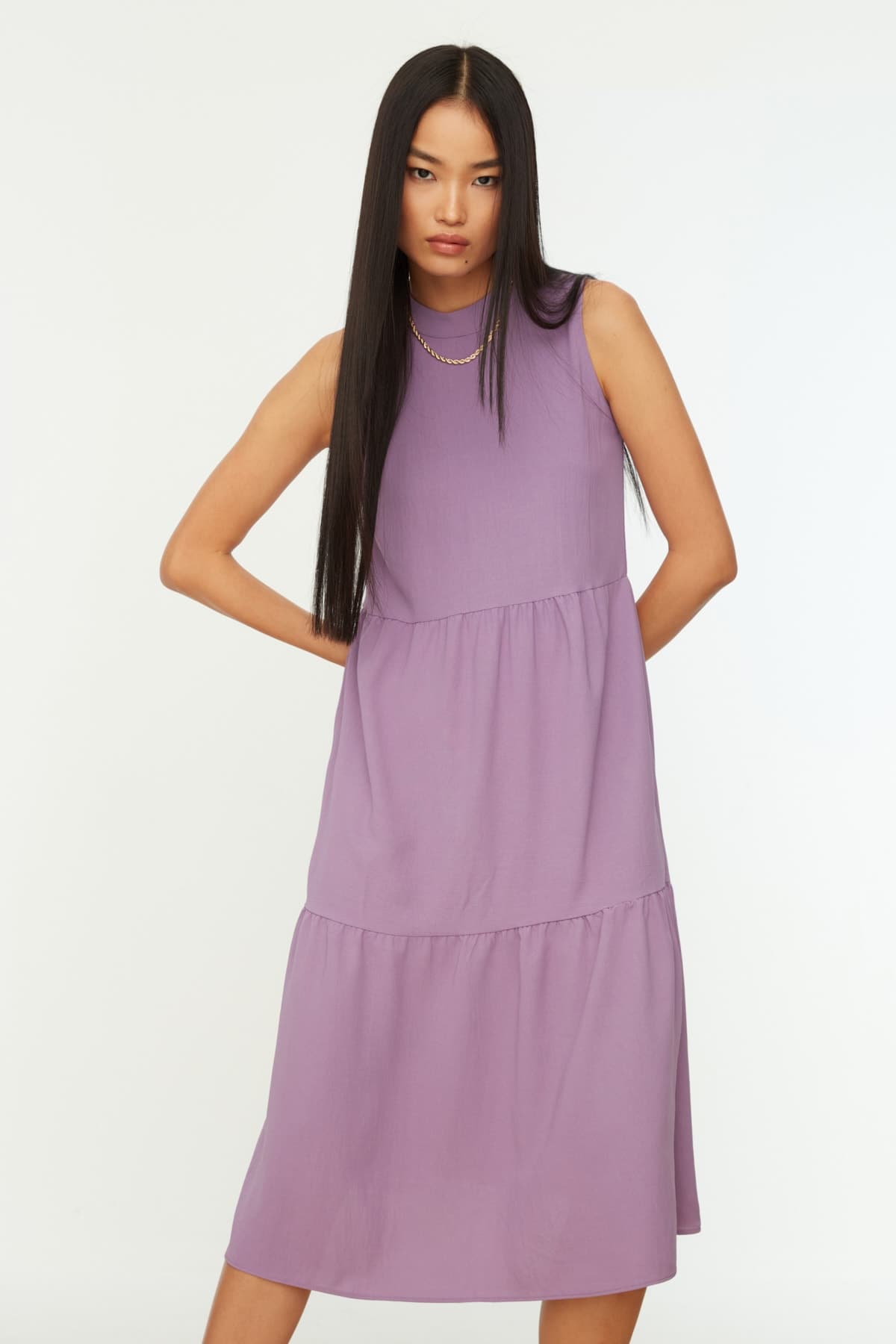 Trendyolmilla Mor Shift/Düz Kesim Dik Yaka Midi Dokuma Elbise TWOSS20EL1864