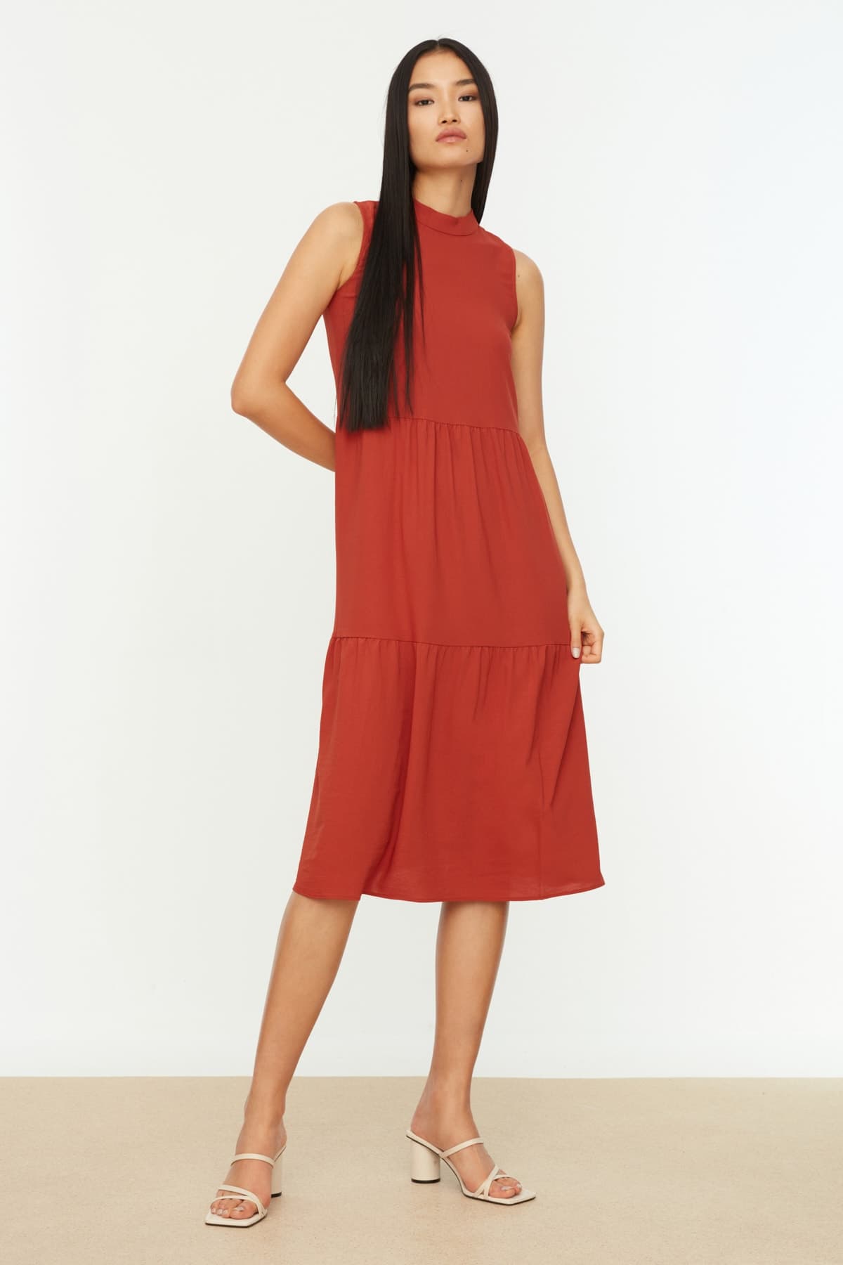 Trendyolmilla Kiremit Shift/Düz Kesim Dik Yaka Midi Dokuma Elbise TWOSS20EL1864