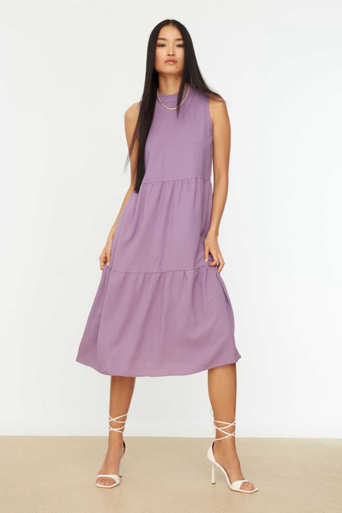 Trendyolmilla Mor Shift/Düz Kesim Dik Yaka Midi Dokuma Elbise TWOSS20EL1864