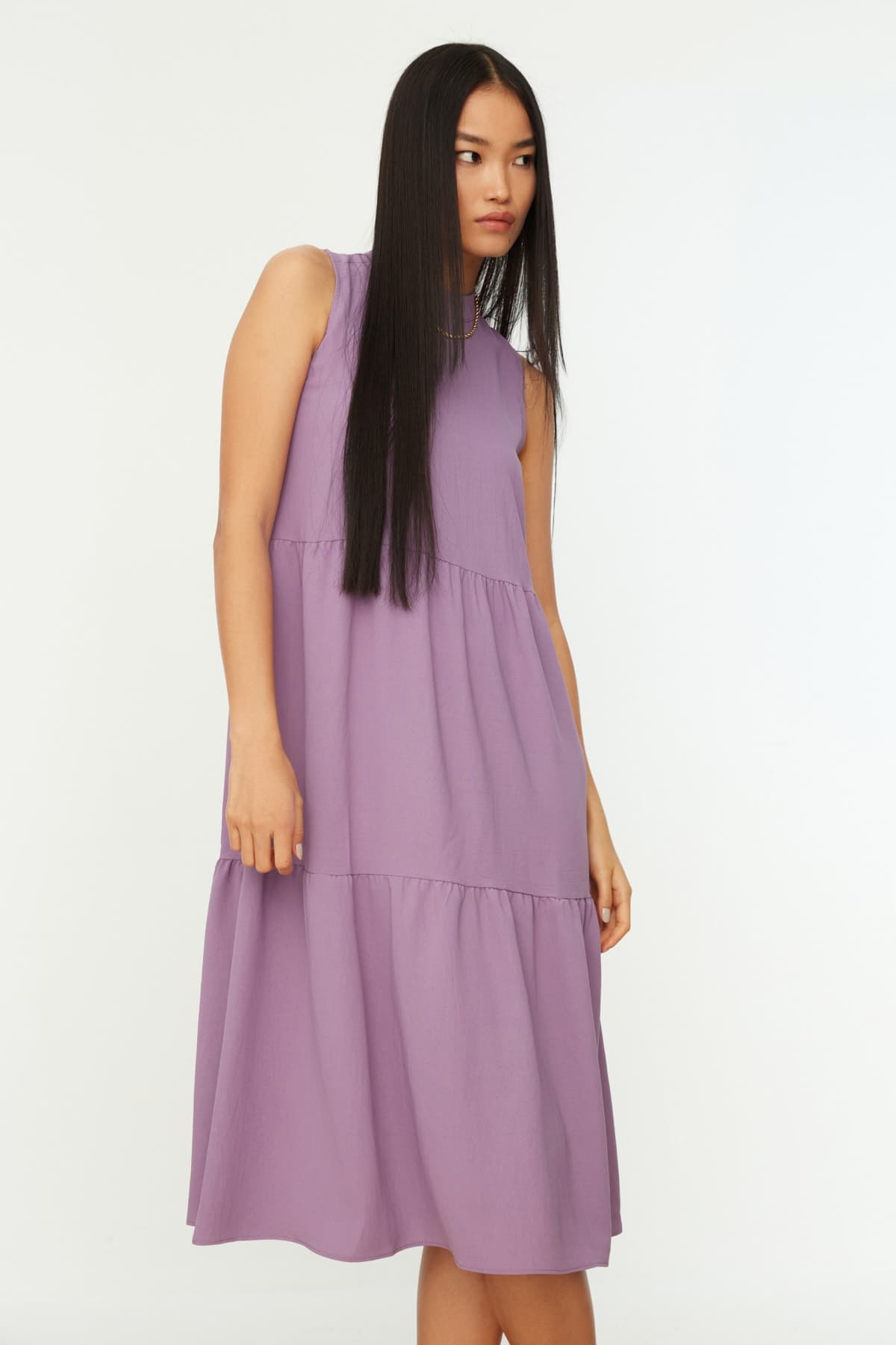 Trendyolmilla Mor Shift/Düz Kesim Dik Yaka Midi Dokuma Elbise TWOSS20EL1864