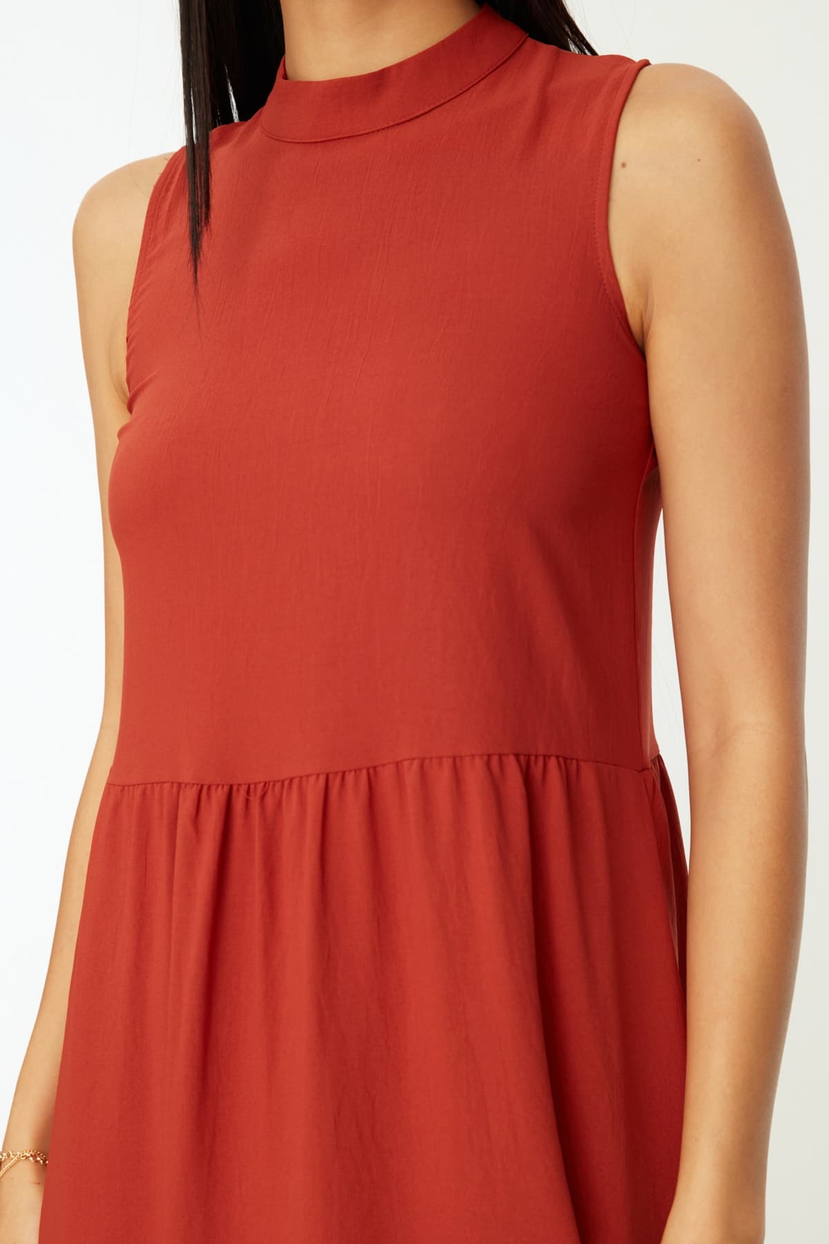 Trendyolmilla Kiremit Shift/Düz Kesim Dik Yaka Midi Dokuma Elbise TWOSS20EL1864