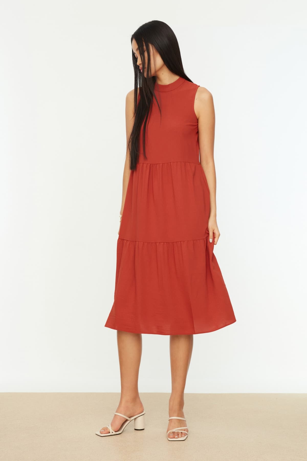 Trendyolmilla Kiremit Shift/Düz Kesim Dik Yaka Midi Dokuma Elbise TWOSS20EL1864