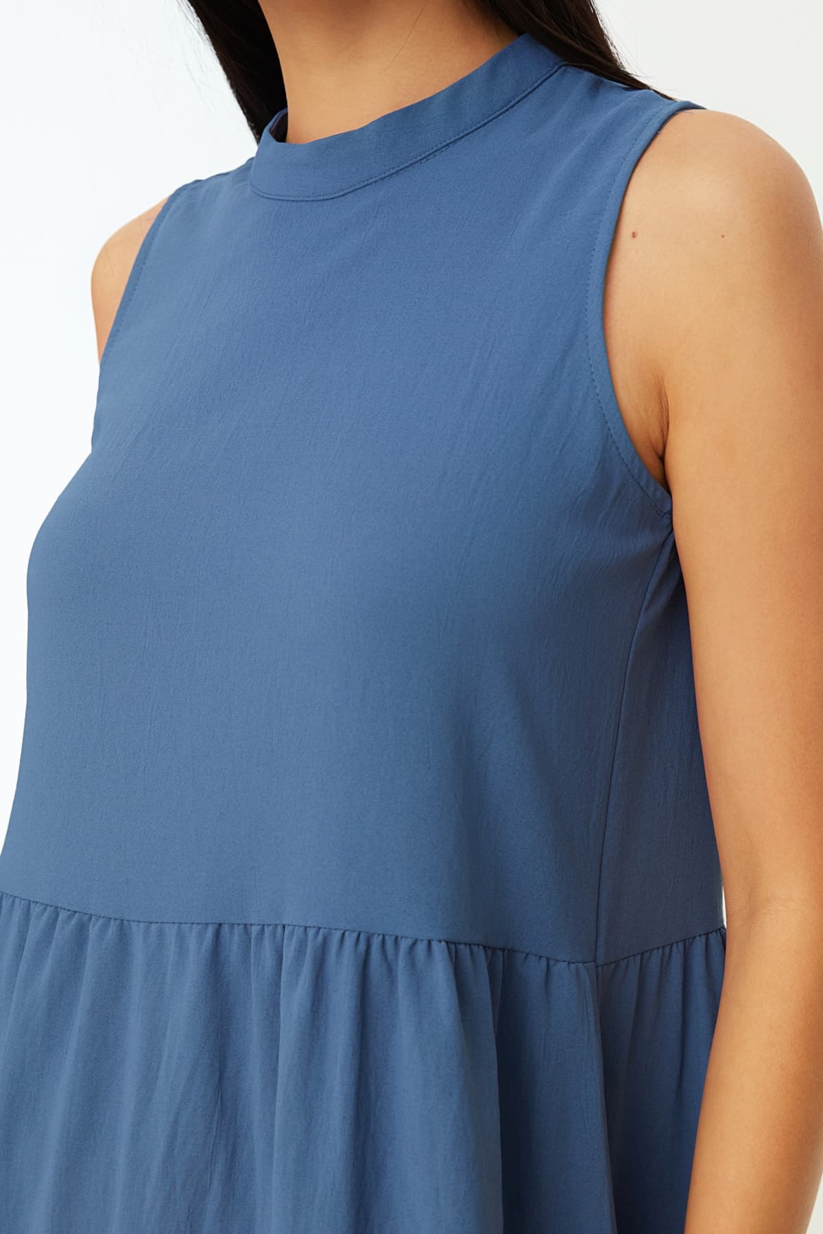 Trendyolmilla Mavi Shift/Düz Kesim Dik Yaka Midi Dokuma Elbise TWOSS20EL1864