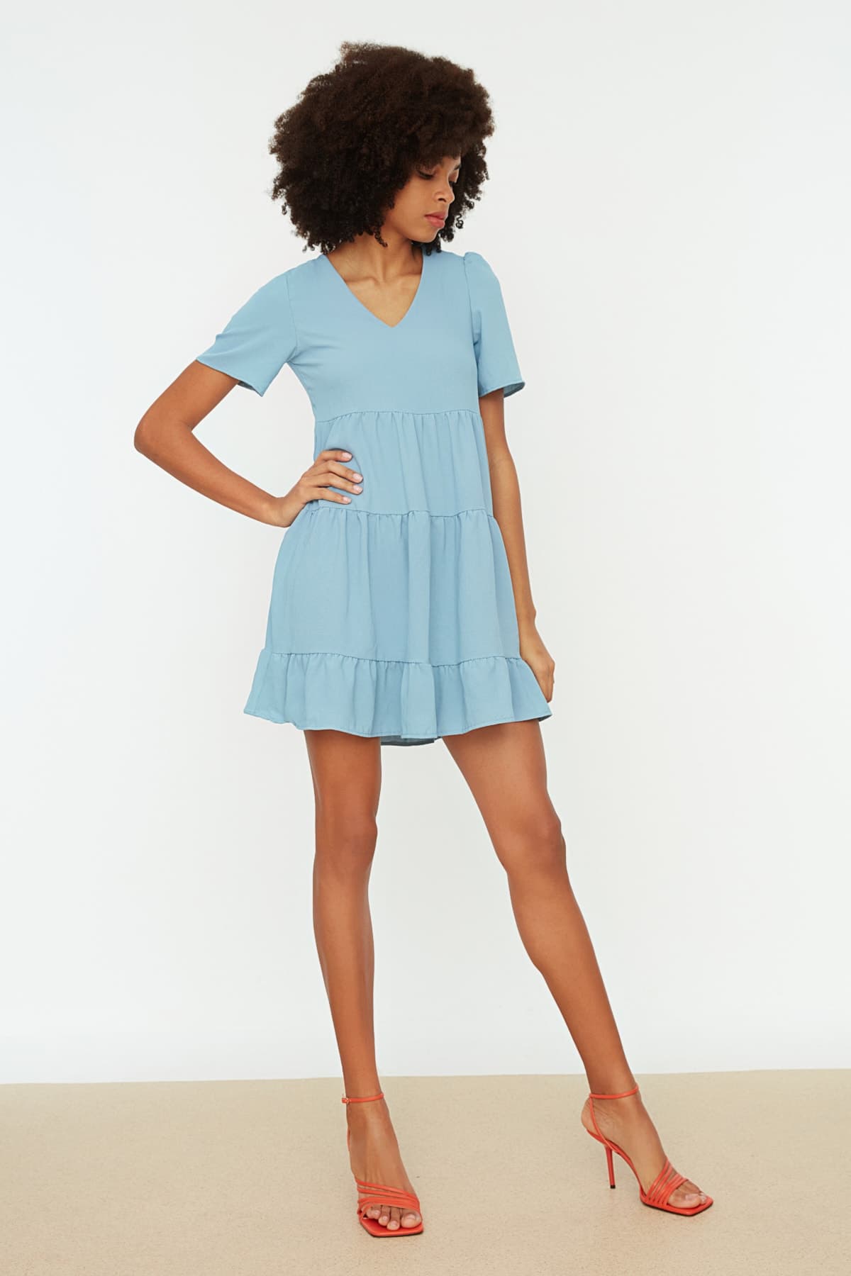 Açık Mavi Geniş Kesim Mini Dokuma Elbise