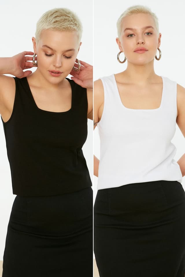 Product Siyah-Beyaz Basic Fitilli 2'li Paket Kare Yaka Örme Büyük Beden Atlet