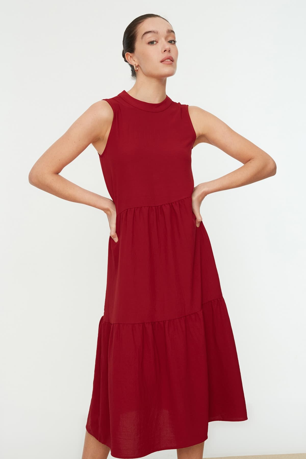 Trendyolmilla Bordo Shift/Düz Kesim Dik Yaka Midi Dokuma Elbise TWOSS20EL1864