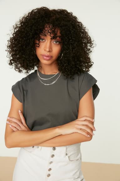 Antrasit %100 Pamuk Vatka Görünümlü Basic Bisiklet Yaka Örme T-Shirt