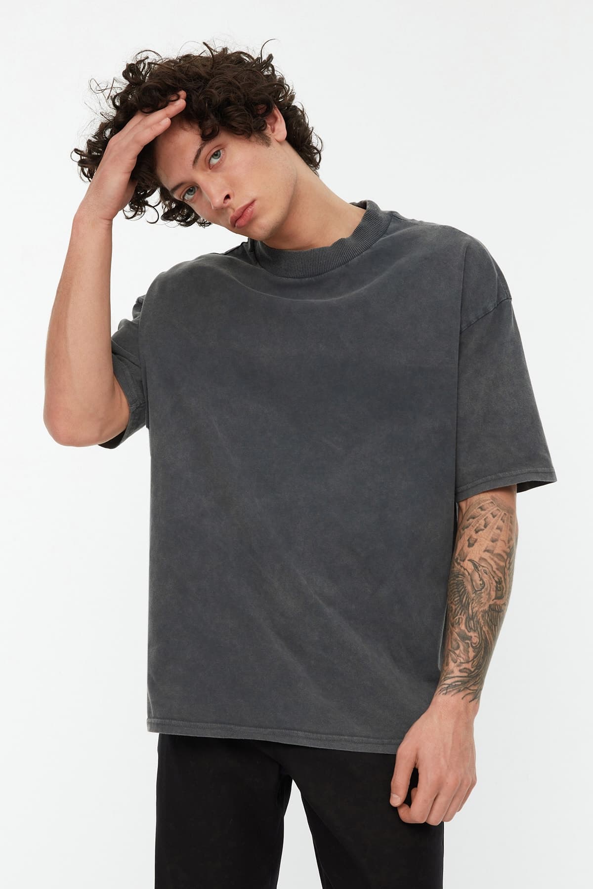 Antrasit Oversize/Geniş Kesim Eskitme/Soluk Efekt %100 Pamuk T-Shirt