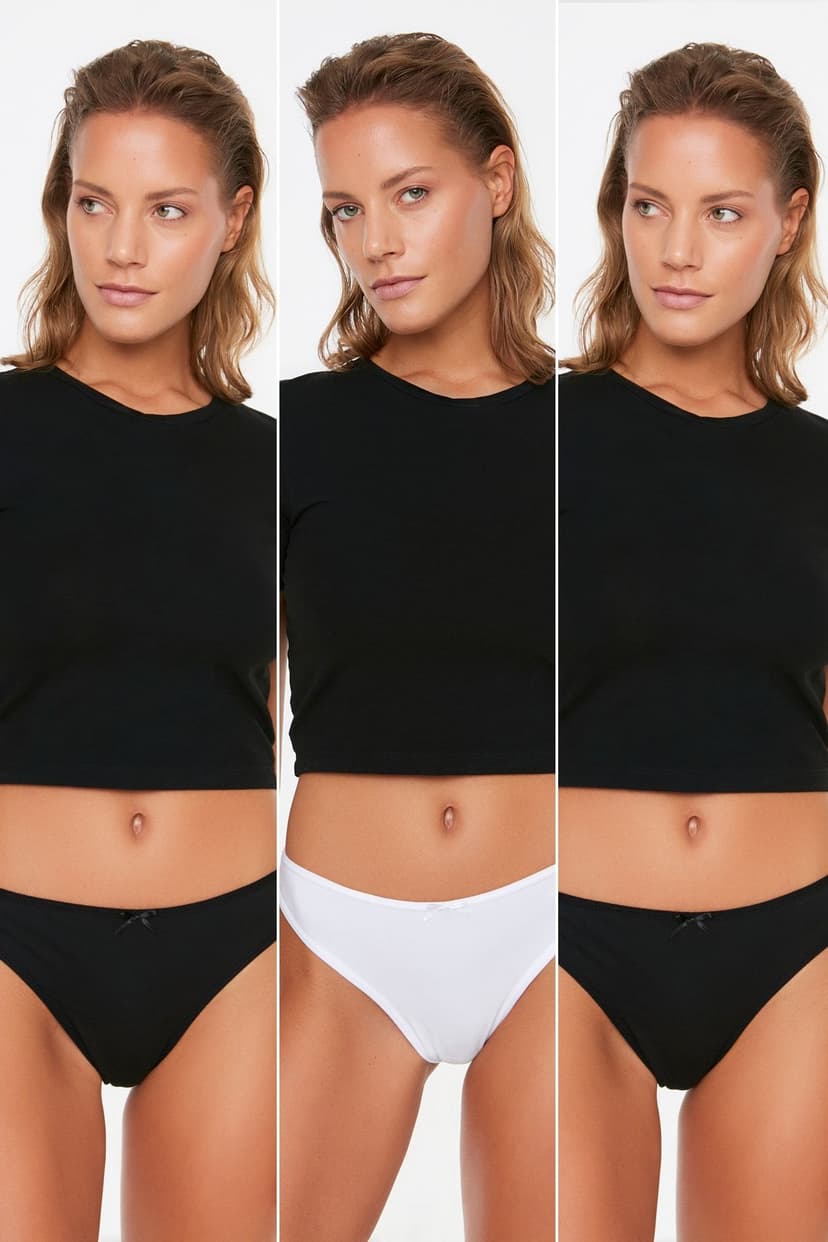 Product Siyah-Beyaz 3'lü Paket Pamuklu Dantel Detaylı Tanga Örme Külot