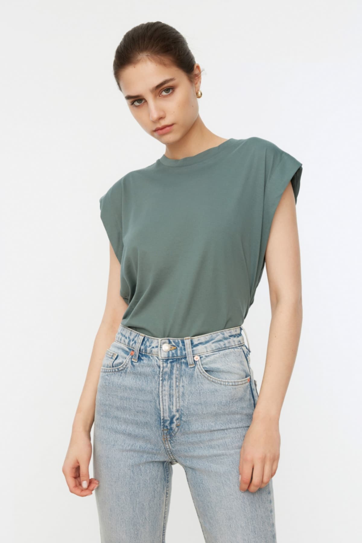 Yeşil %100 Pamuk Vatka Görünümlü Basic Bisiklet Yaka Örme T-Shirt