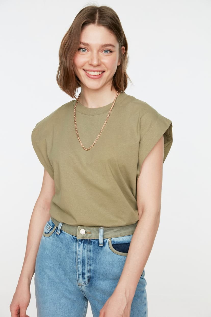 Product Haki %100 Pamuk Vatka Görünümlü Basic Bisiklet Yaka Örme T-Shirt