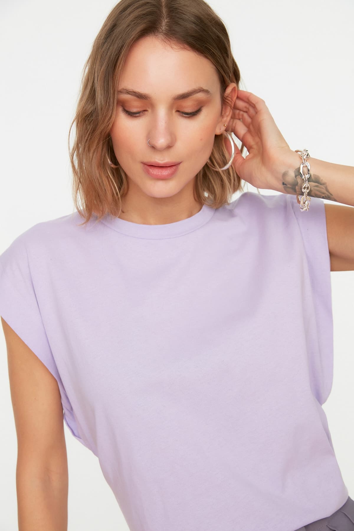 Lila %100 Pamuk Vatka Görünümlü Basic Bisiklet Yaka Örme T-Shirt