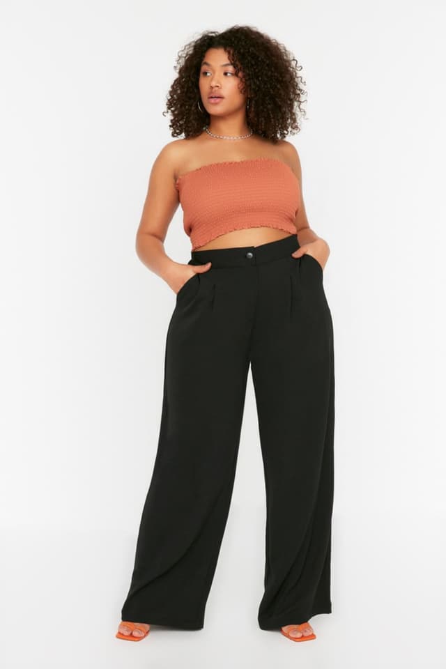 Product Siyah Lastikli Yüksek Bel Pileli Wide Leg Dokuma Pantolon