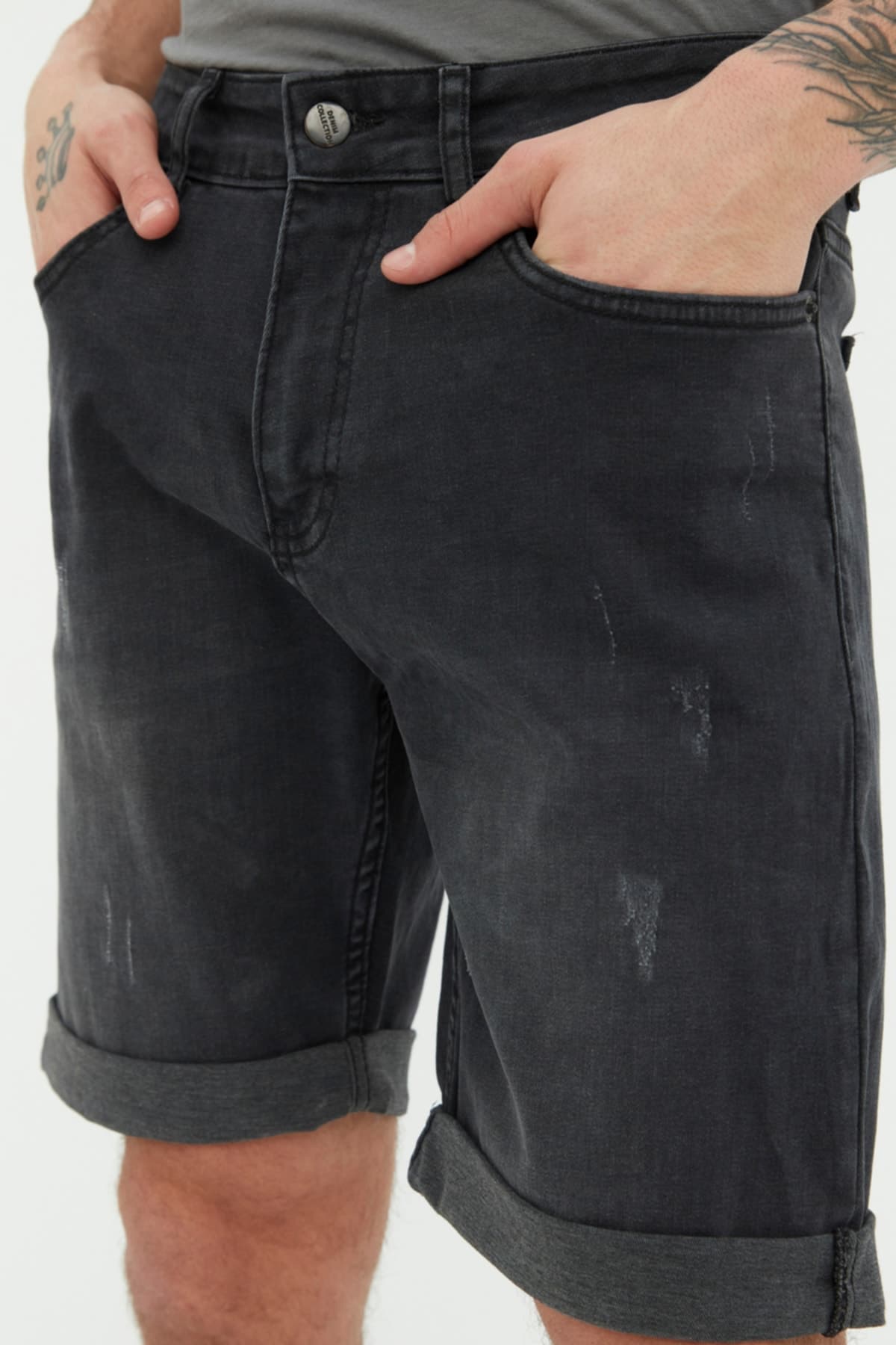Antrasit Slim Fit Tırmık Destroylu Denim Kot Şort