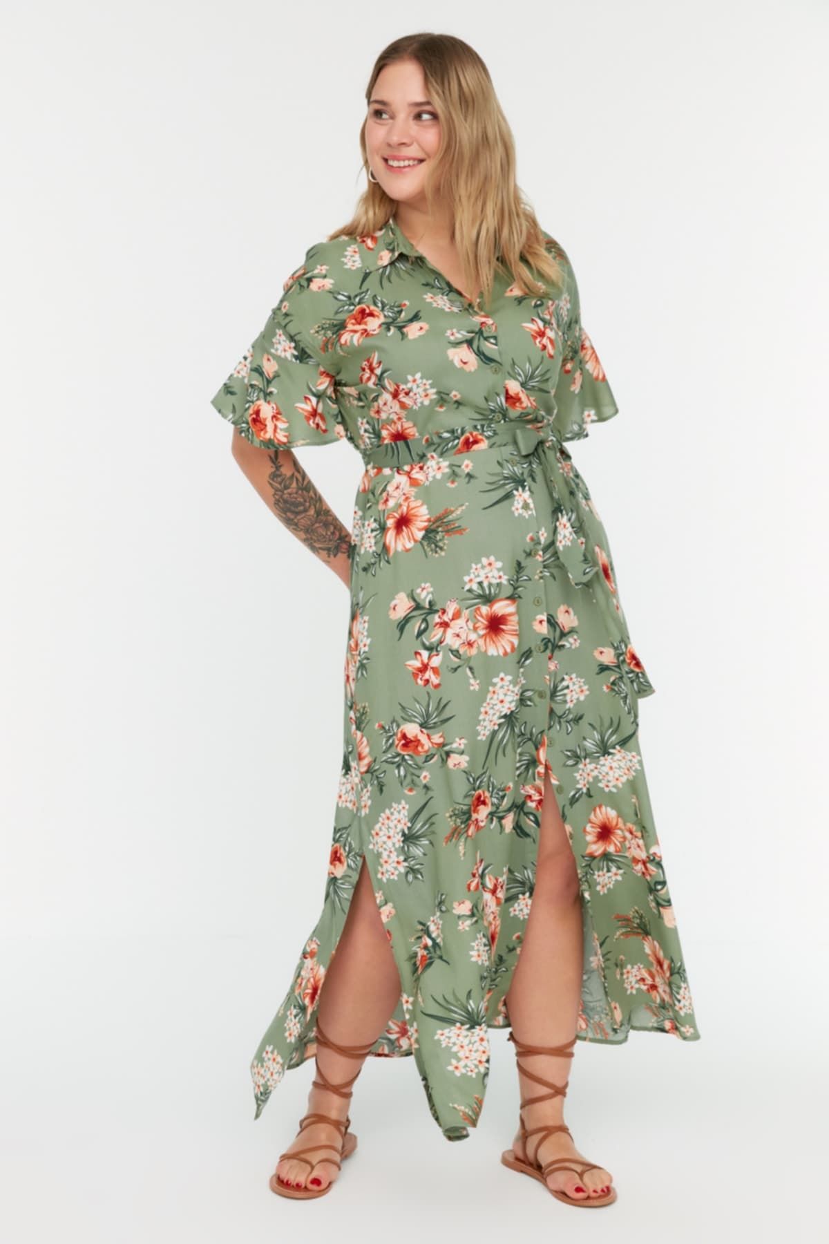 Yeşil Çiçekli Dokuma Yırtmaçlı Gömlek Elbise