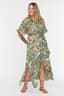 Yeşil Çiçekli Dokuma Yırtmaçlı Gömlek Elbise