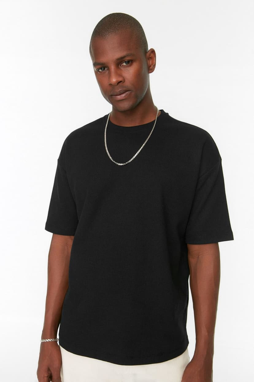 Product Siyah Oversize/Geniş Kesim Kısa Kollu Dokulu Basic T-shirt