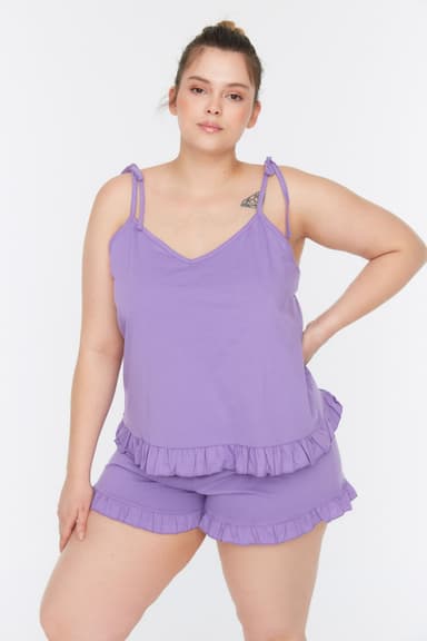 Lila Askılı Örme Fırfır Detaylı Şortlu Pijama Takımı