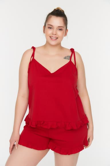 Kırmızı Askılı Örme Fırfır Detaylı Pijama Takımı