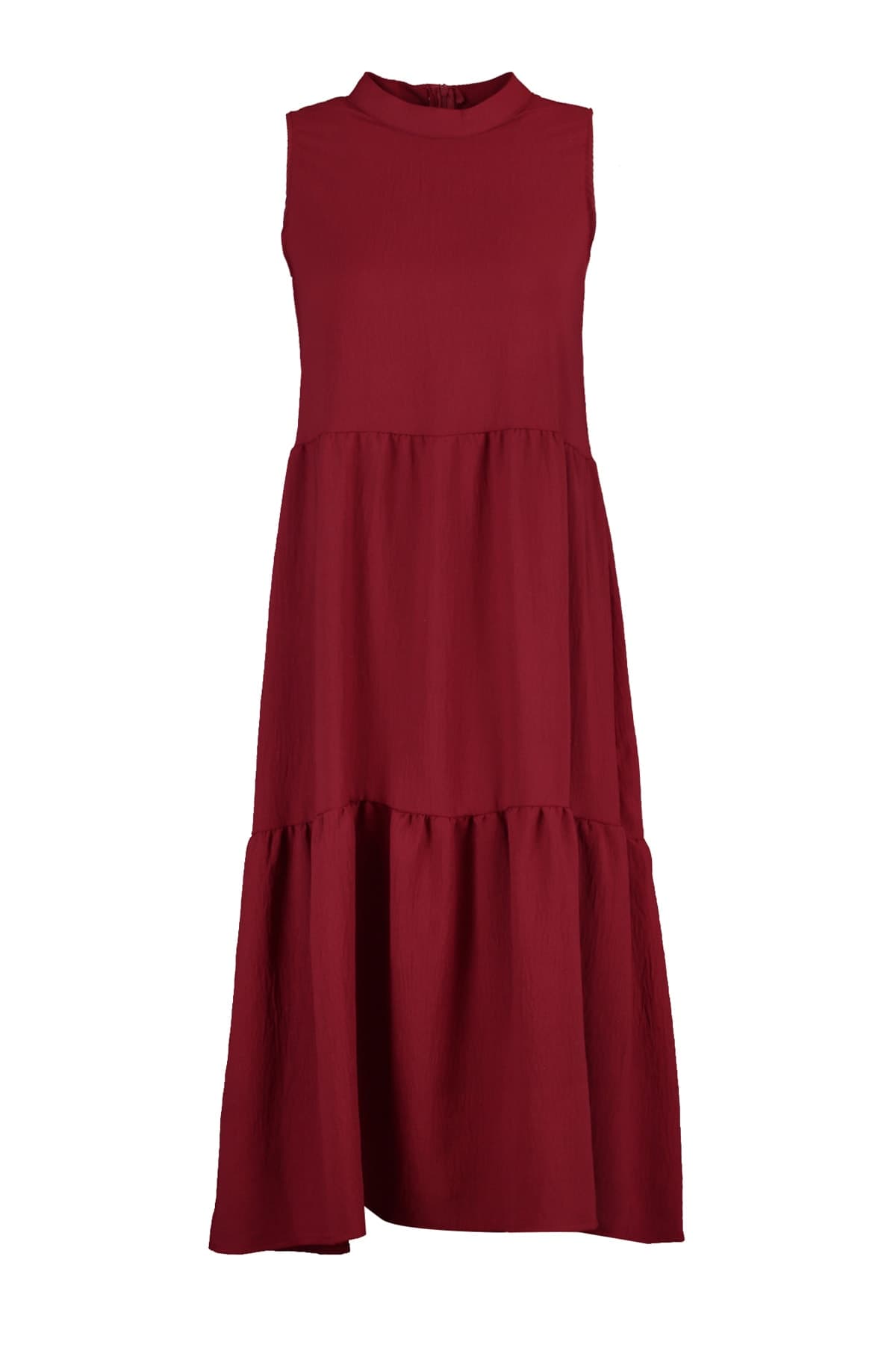 Trendyolmilla Bordo Shift/Düz Kesim Dik Yaka Midi Dokuma Elbise TWOSS20EL1864