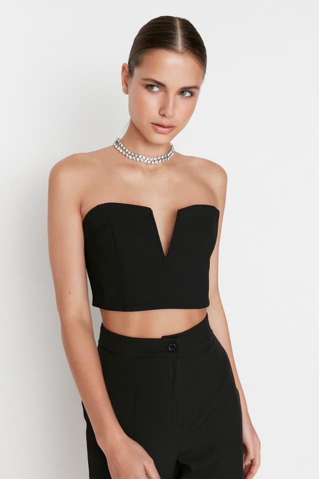 Product Siyah Crop Astarlı Dokuma Büstiyer