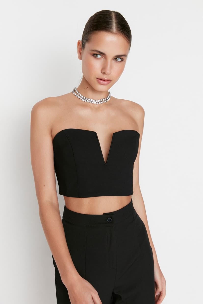 Product Siyah Crop Astarlı Dokuma Büstiyer