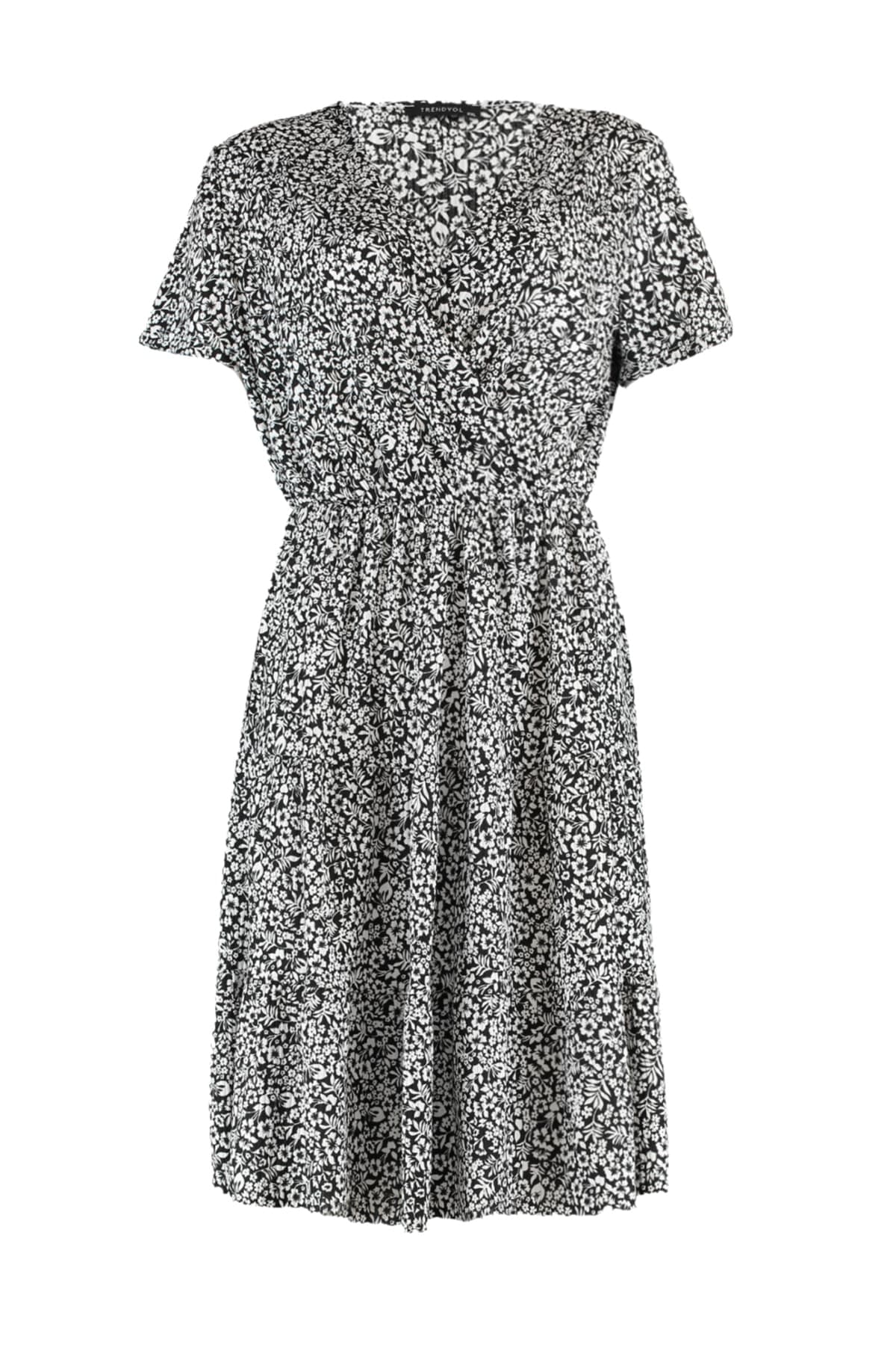 Trendyolmilla Curve Siyah V Yaka Çiçek Desenli Stakter Örme Büyük Beden Elbise TBBSS22EL1638