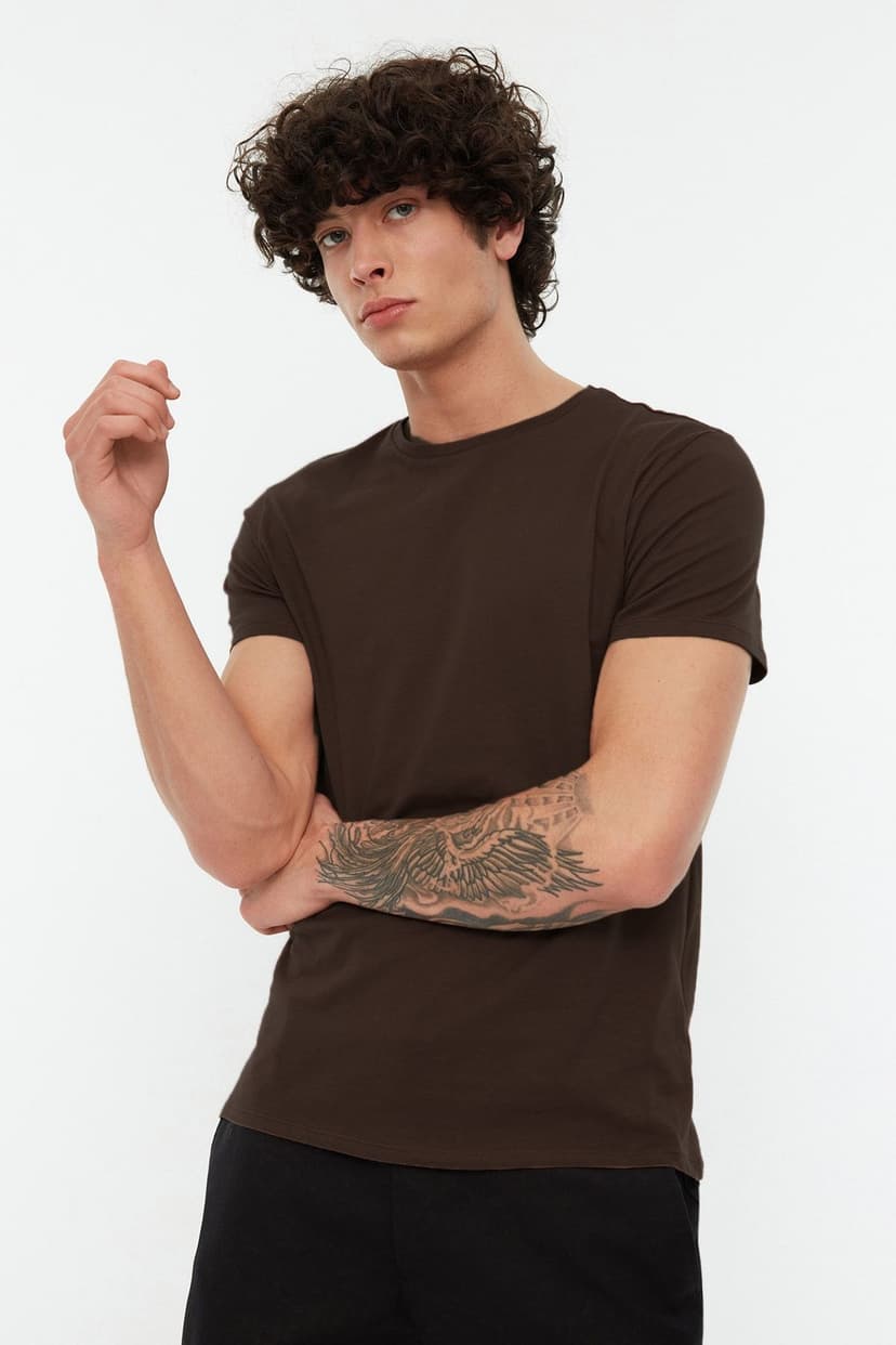 Product Koyu Kahverengi Slim/Dar Kesim %100 Pamuklu Basic Bisiklet Yaka T-Shirt