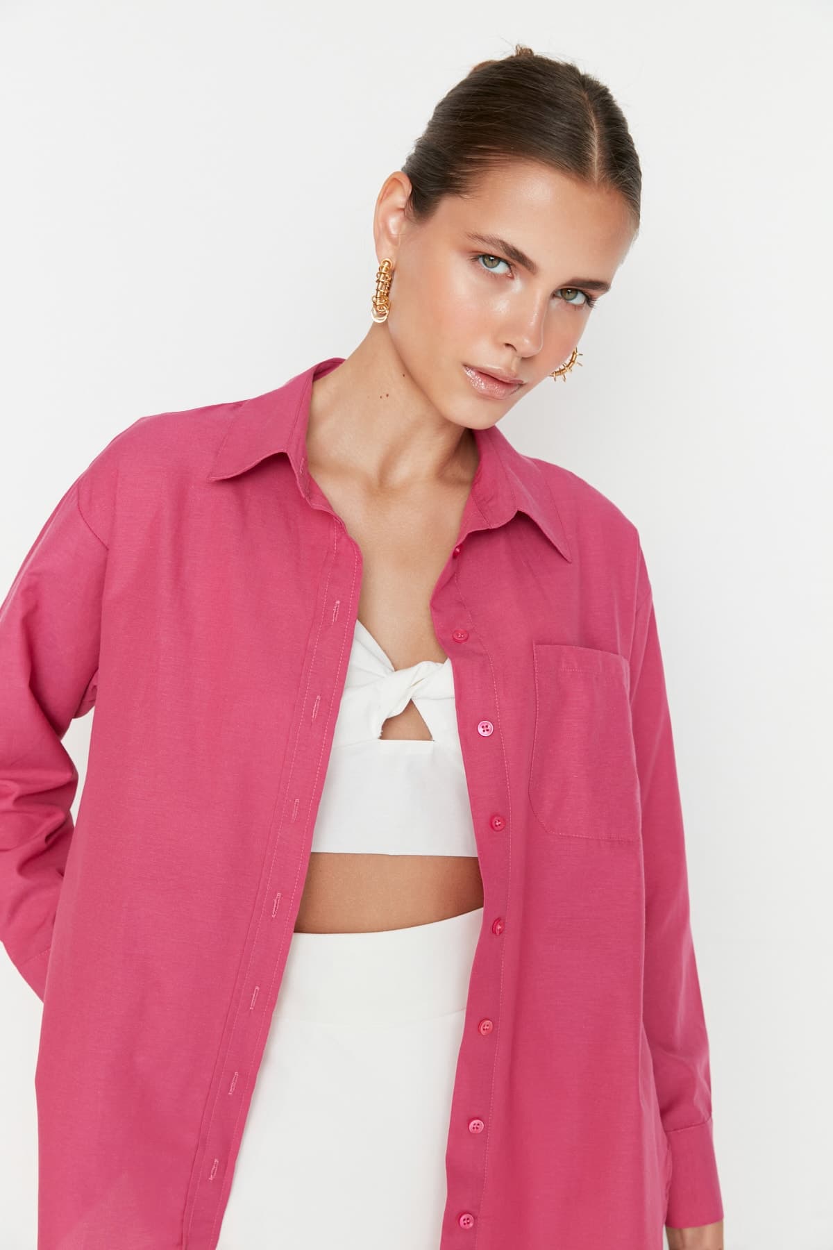 Mürdüm Tek Cepli Boyfriend Geniş Kalıp Pamuklu Dokuma Gömlek