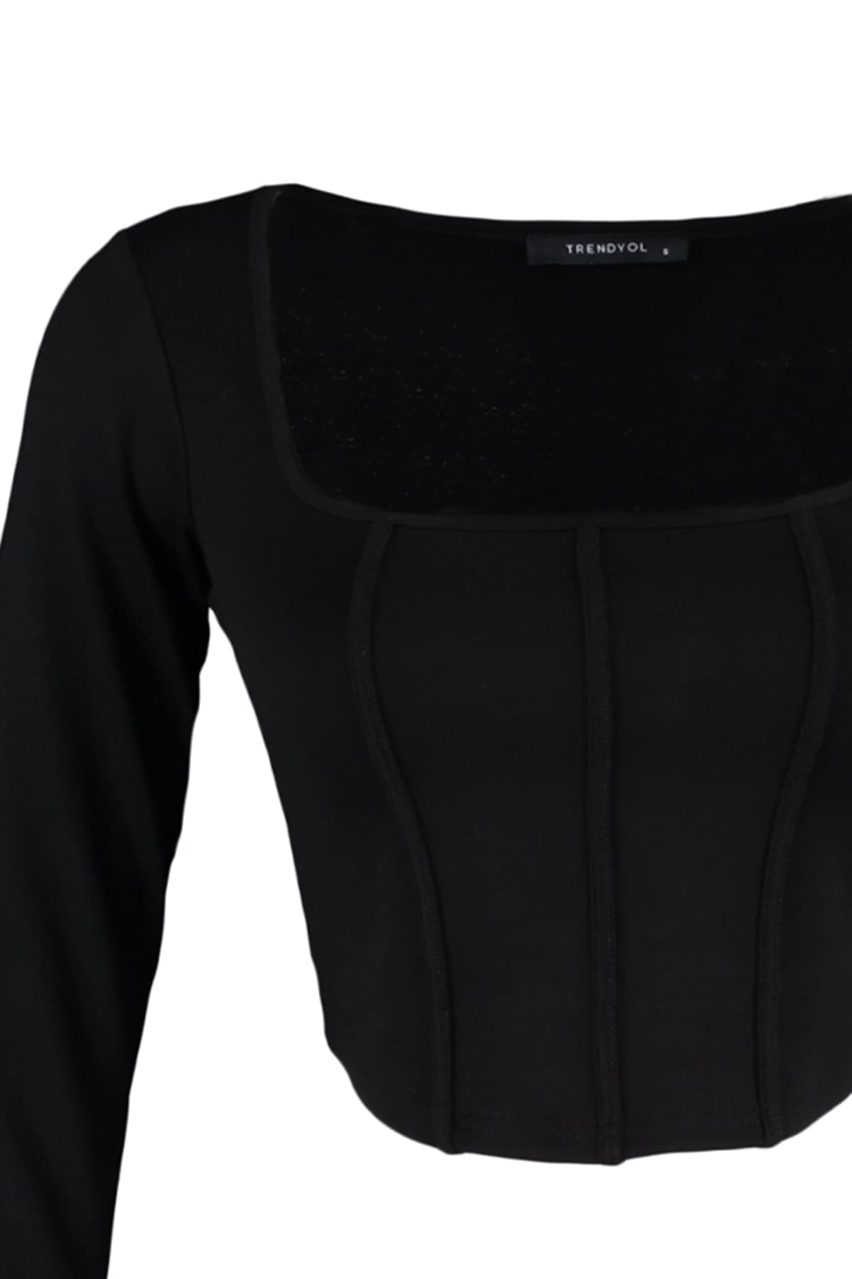 Trendyolmilla Siyah Biye Detaylı Kare Yaka Fitted/Vücuda Oturan Crop İnterlok Örme Bluz TWOAW23BZ00151