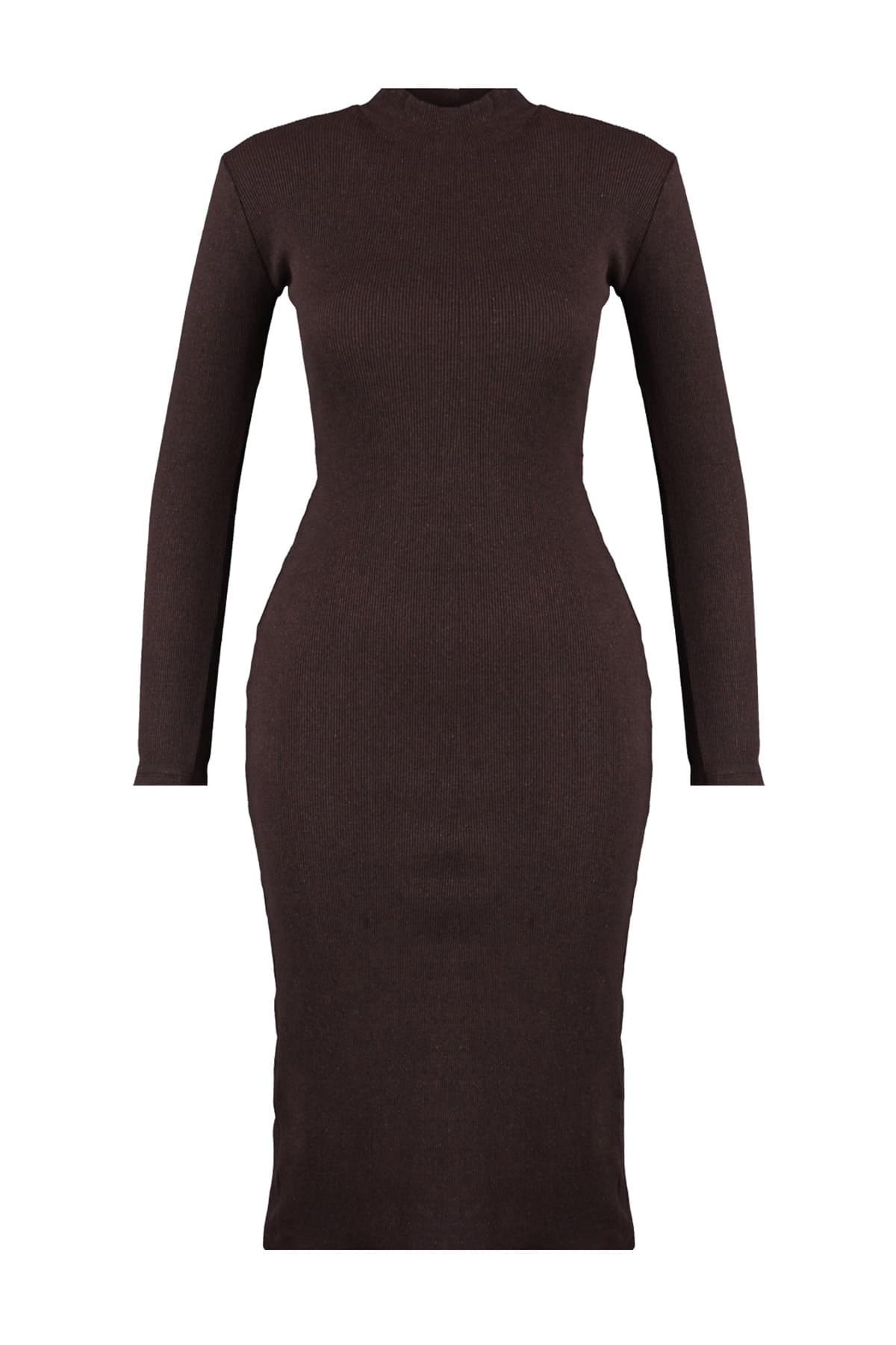 Trendyolmilla Kahverengi Vücuda Oturan Yırtmaçlı Bisiklet Yaka Midi Fitilli Esnek Örme Elbise TWOAW21EL0135