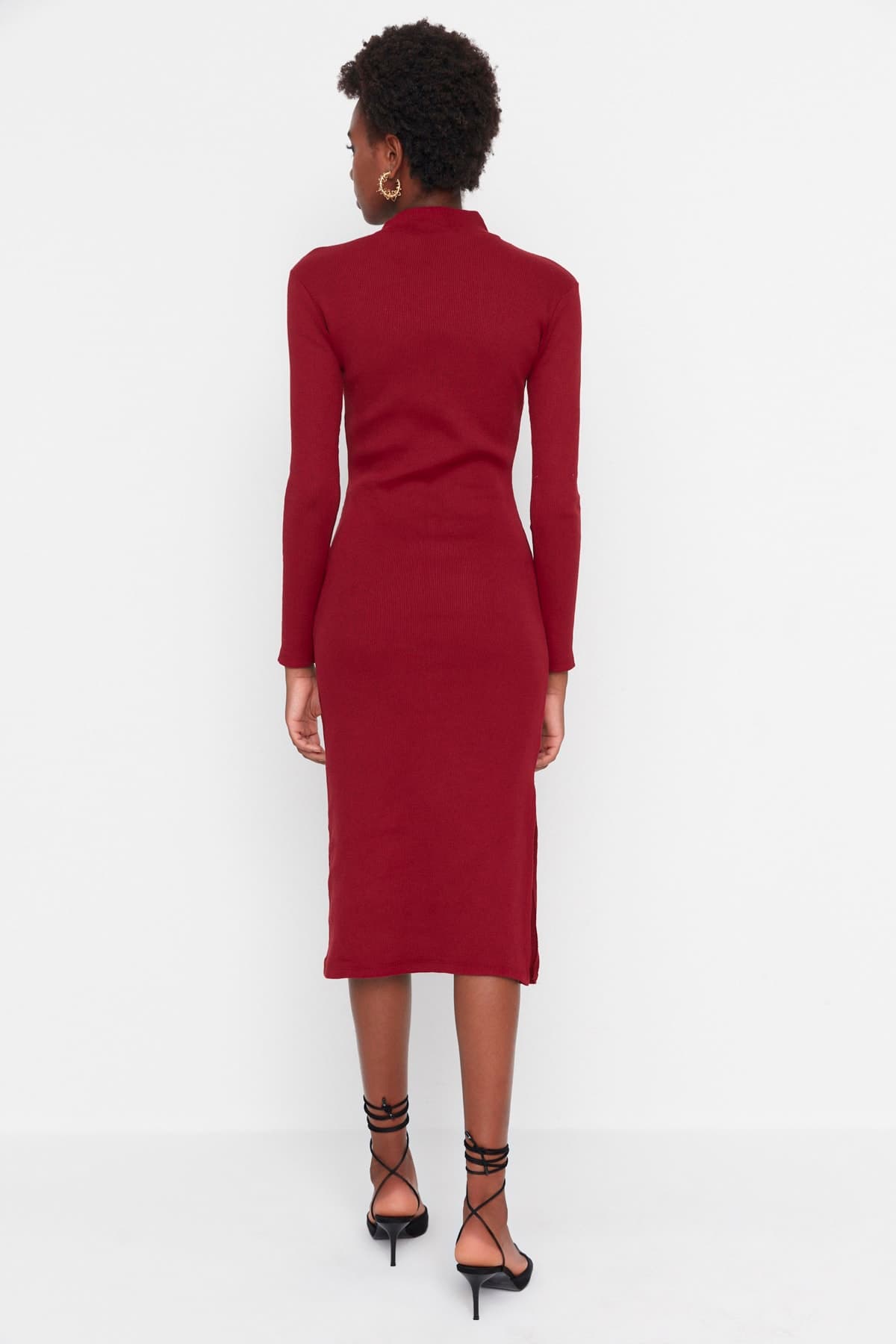 Trendyolmilla Bordo Vücuda Oturan Yırtmaçlı Bisiklet Yaka Midi Fitilli Esnek Örme Kalem Elbise TWOAW21EL0135