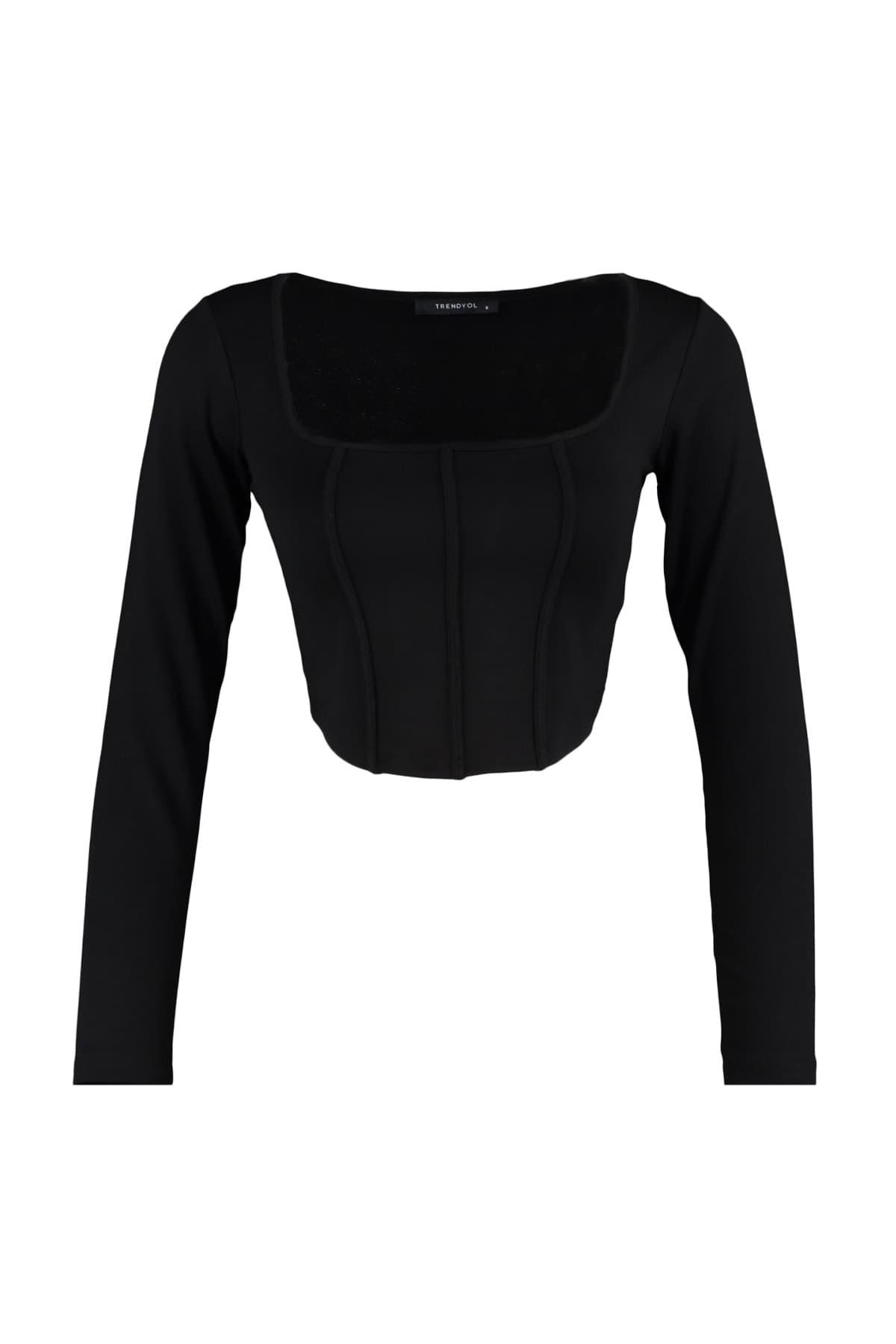 Trendyolmilla Siyah Biye Detaylı Kare Yaka Fitted/Vücuda Oturan Crop İnterlok Örme Bluz TWOAW23BZ00151