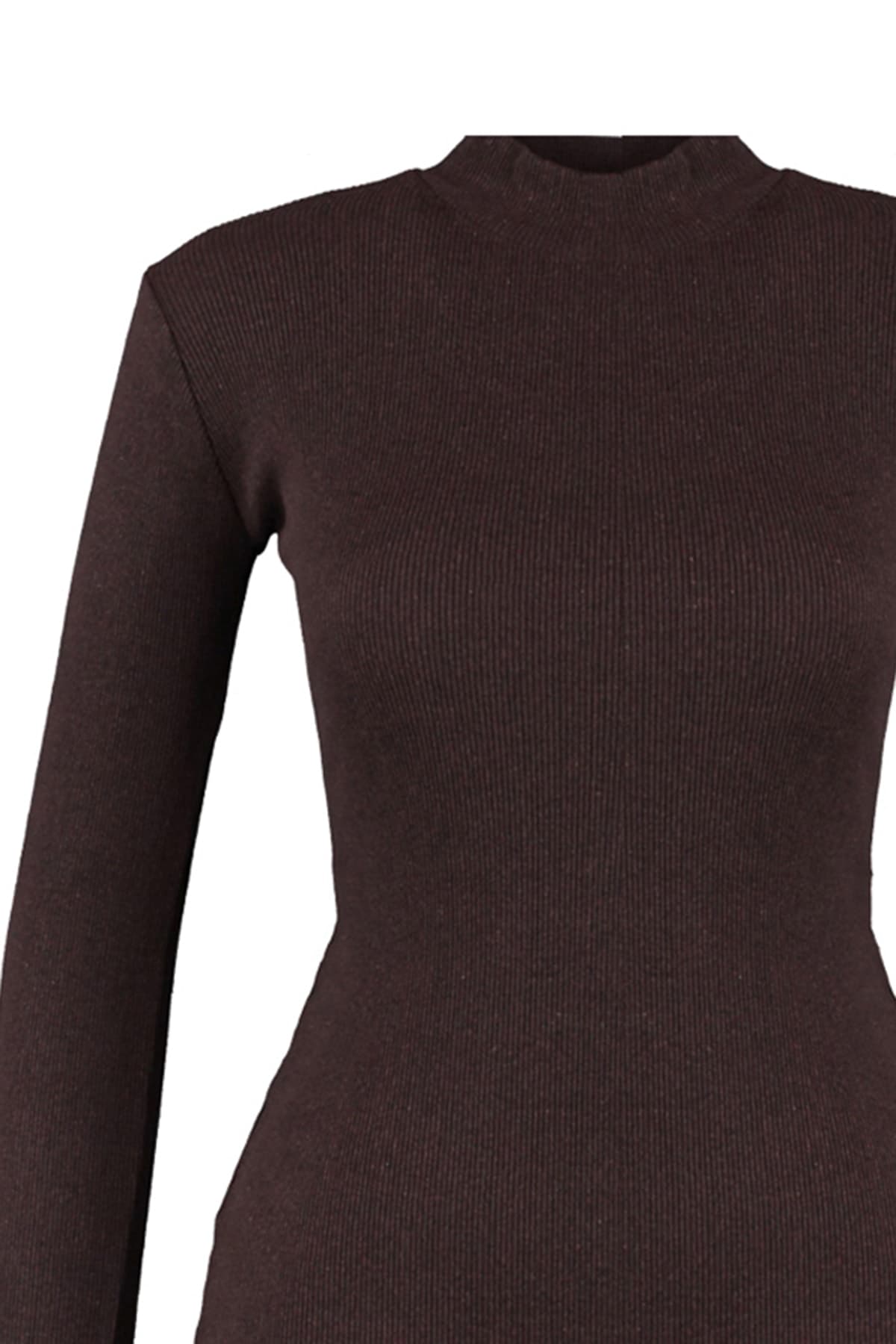 Trendyolmilla Kahverengi Vücuda Oturan Yırtmaçlı Bisiklet Yaka Midi Fitilli Esnek Örme Elbise TWOAW21EL0135