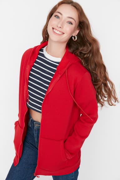 Kırmızı Oversize/Geniş Kalıp Fermuarlı Kapuşonlu Kalın İçi Polarlı Sweatshirt