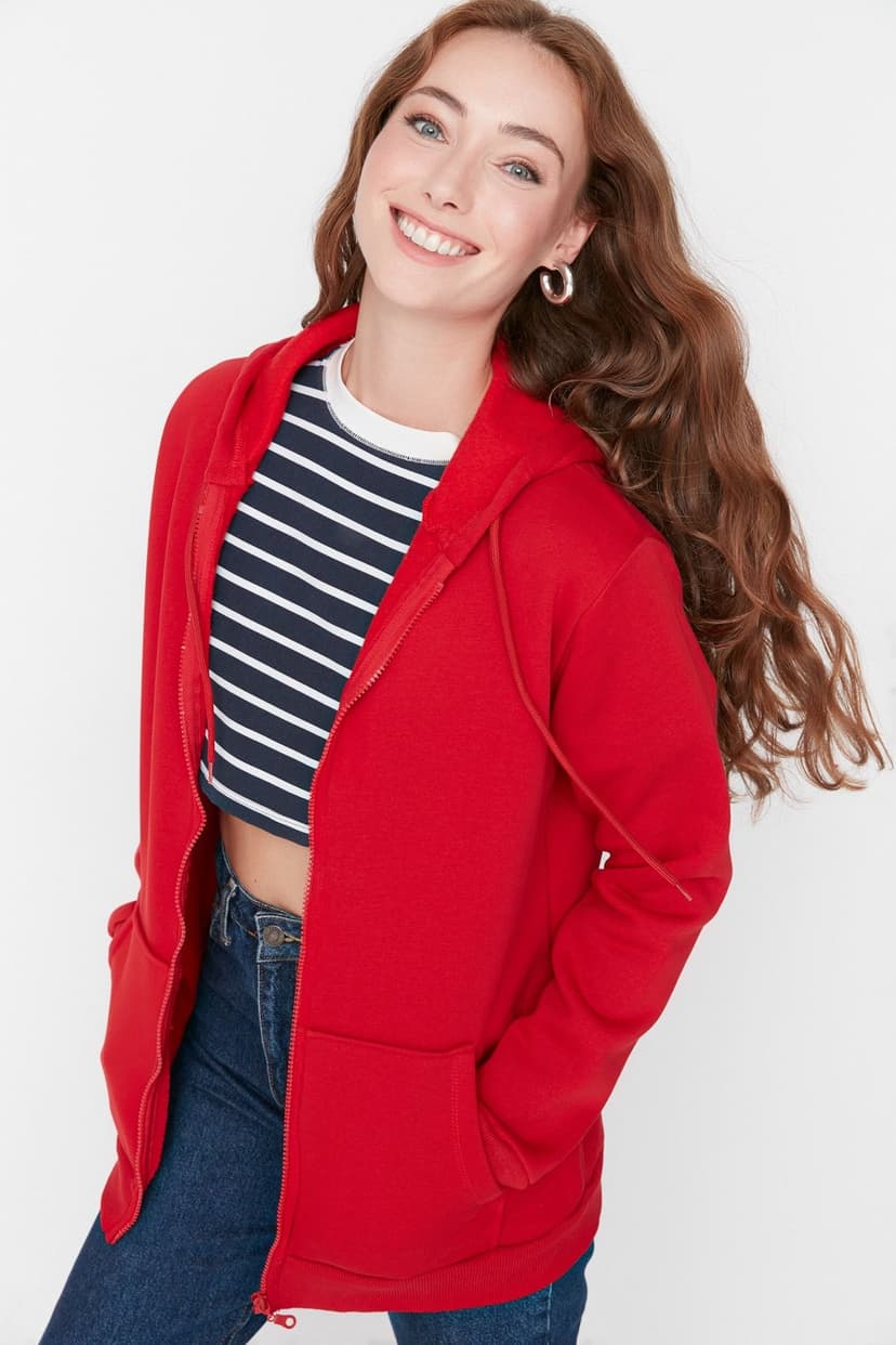 Product Kırmızı Oversize/Geniş Kalıp Fermuarlı Kapuşonlu Kalın İçi Polarlı Sweatshirt