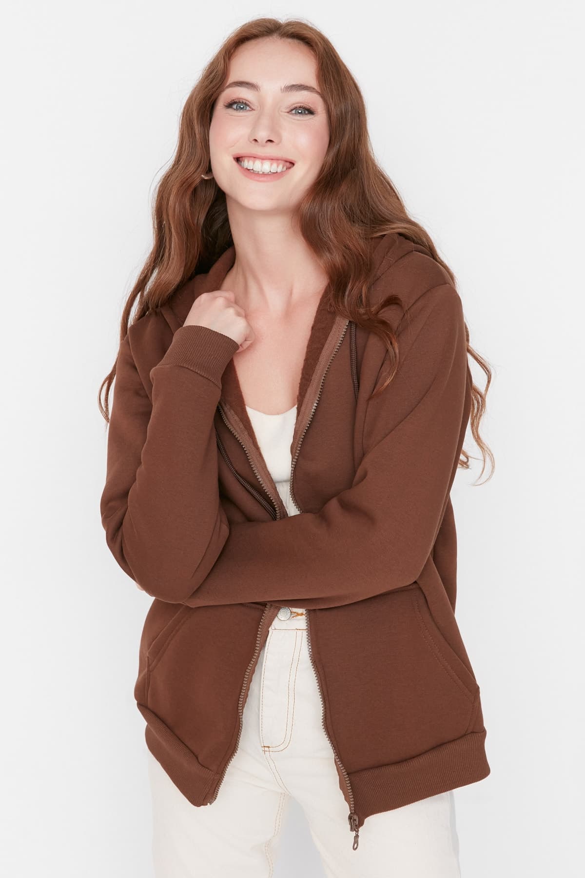 Kahverengi Kapüşonlu Oversize/Geniş Kalıp Kapuşonlu Kalın İçi Polarlı Sweatshirt