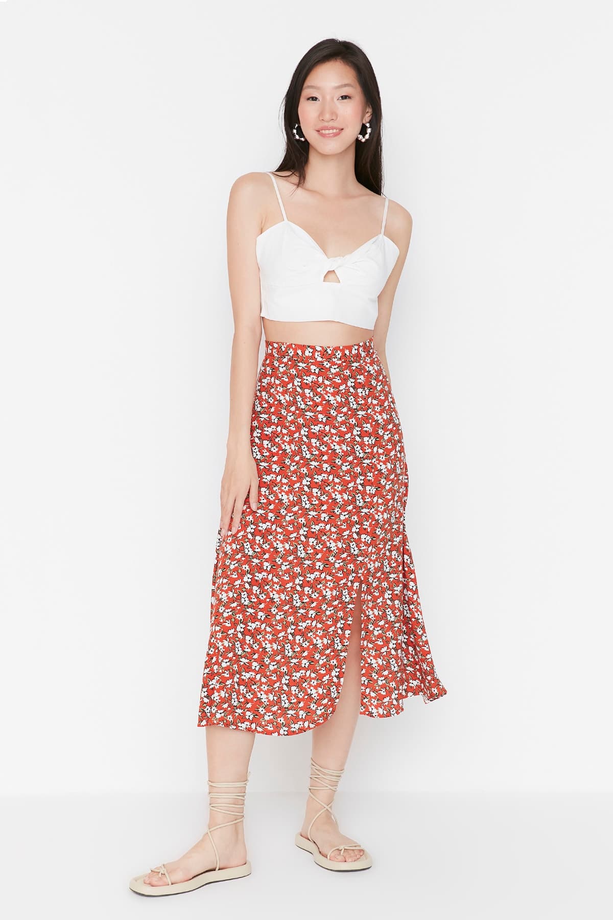 Kiremit Yırtmaç Detaylı Çiçek Desenli Viskon Kumaşlı Midi Boy Dokuma Etek