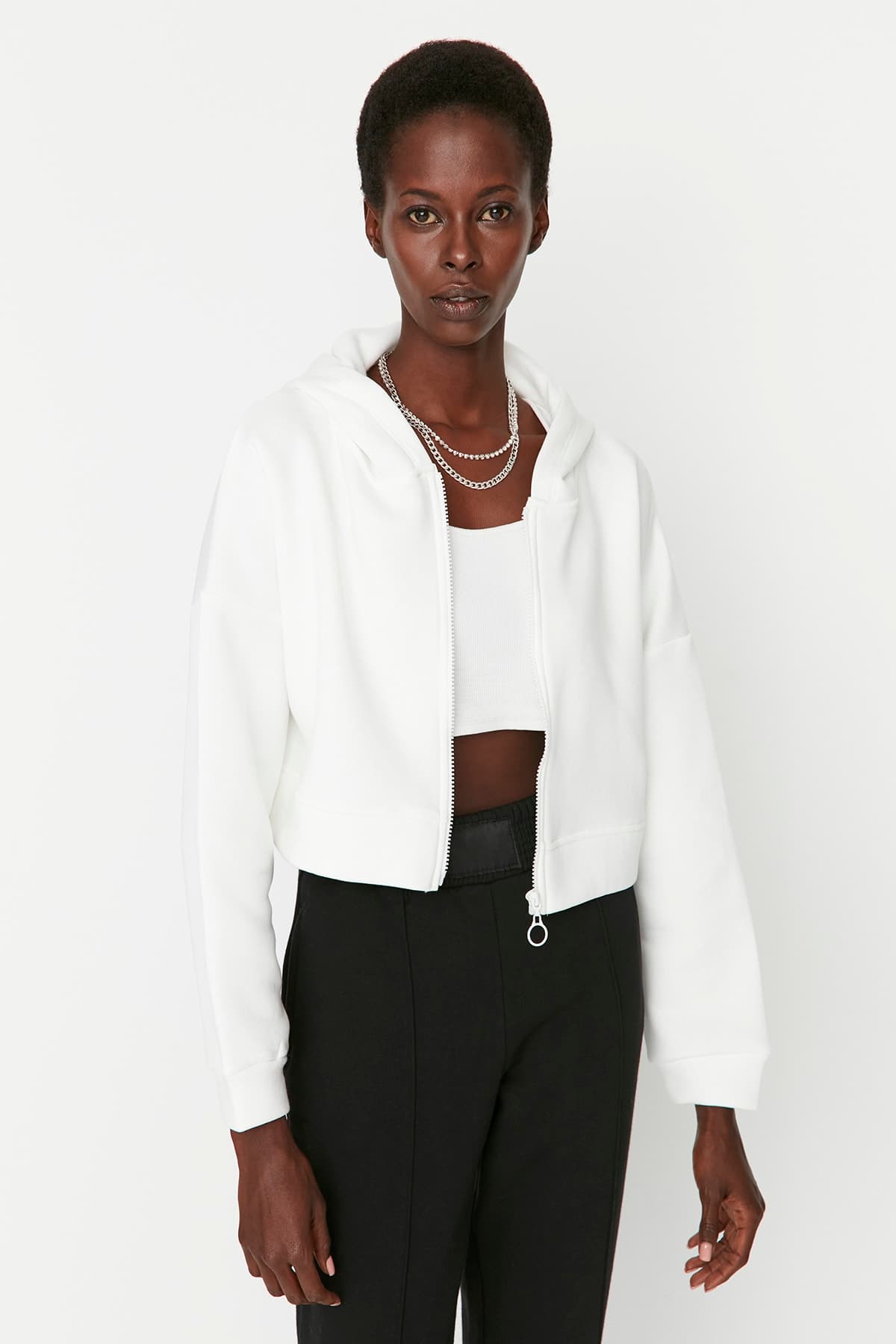 Ekru Basic Fermuarlı Kapüşonlu Crop Kalın İçi Polarlı Örme Sweatshirt