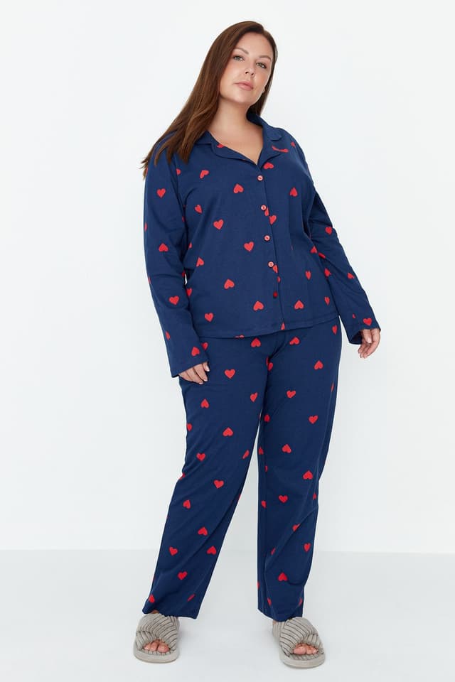 Product Lacivert Kalpli Gömlek Yaka Örme Pijama Takımı