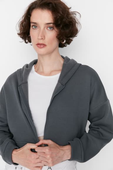 Antrasit Basic Fermuarlı Kapüşonlu Crop Kalın İçi Polarlı Örme Sweatshirt
