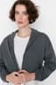 Antrasit Basic Fermuarlı Kapüşonlu Crop Kalın İçi Polarlı Örme Sweatshirt