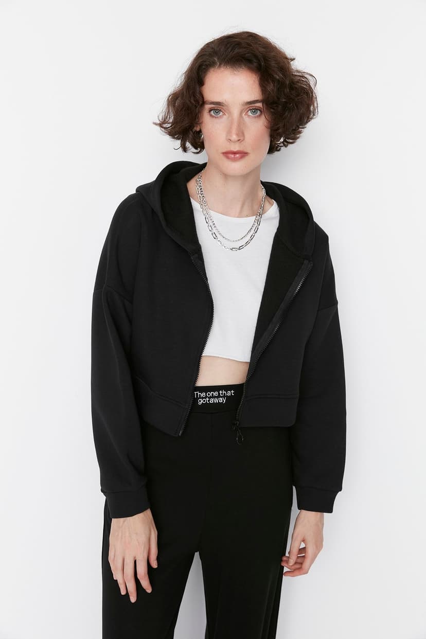 Product Siyah Basic Fermuarlı Kapüşonlu Crop Kalın İçi Polarlı Örme Sweatshirt