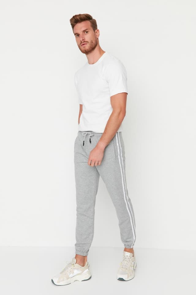 Product Gri Regular/Normal Kesim Şeritli Fermuar Cepli Paçası Lastikli Jogger Eşofman Altı